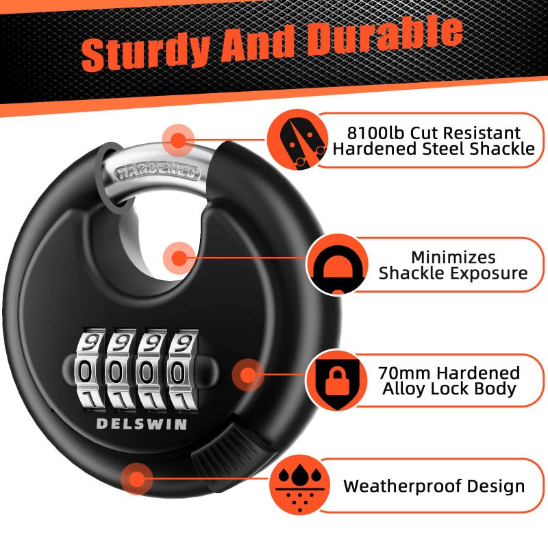 DELSWIN 4-Digit Disc Combination Lock Outdoor - Heavy Duty Combination Padlocks with Hardened Steel Shackle Weatherproof Combo Locks for Gates,Sheds,Fence,Storage Unit (3/8" Shackle, Black,2 Pcs) - Image 2